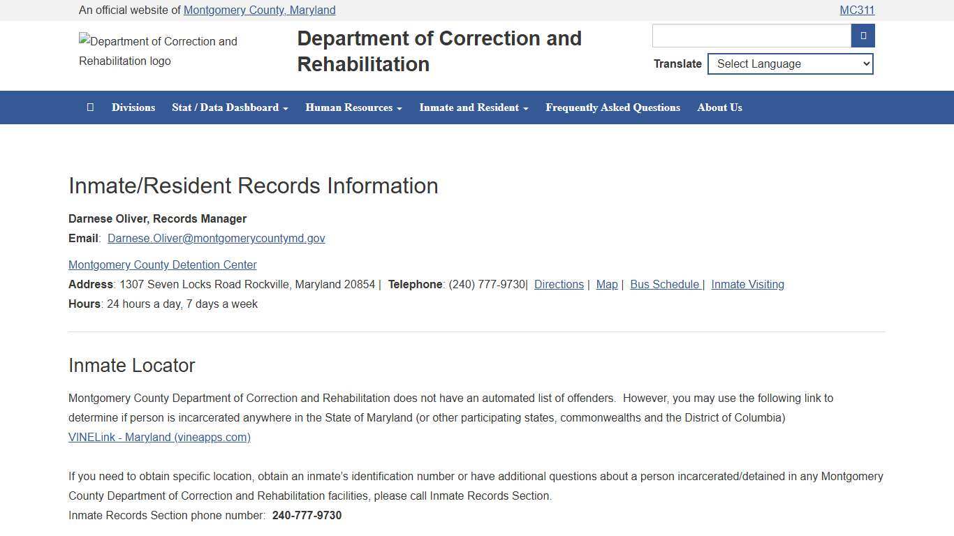 MONTGOMERY COUNTY, MD - DEPARTMENT OF CORRECTION AND REHABILITATION - INMATE LOCATOR